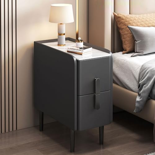 Moderna mesita de noche negra con parte superior de mármol, mesa auxiliar de lujo con 2 cajones, patas de metal, elegante armario de almacenamiento para dormitorio, diseño delgado, acabado de piel