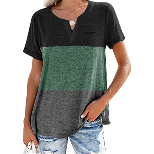 Camiseta de Manga Corta Informal con Bolsillo de Tres Colores y Cuello en V para Mujer Camiseta básica de Verano Holgada de Manga Corta con Cuello en V Informal para Mujer Cover
