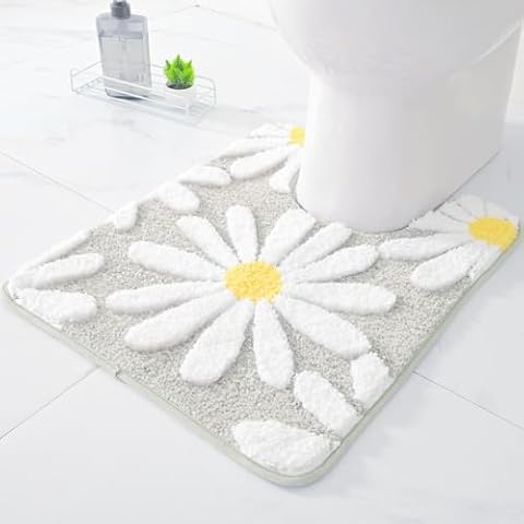 QJHOMO Toilet Rugs U Shaped, Gray Toilet Mat Cute Daisy Contour Bath Rug 20"x24", Extra Thick Soft Machine Washable Toilet Carpet, Non Slip Bathroom Floor Mats Super Absorbent Microfiber Bath Rugs Cover