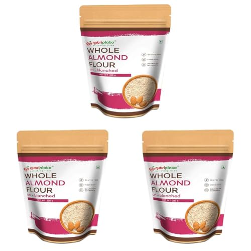 Image of Nutriplato-enriching lives Unblanched Almond Flour Vegan | Crushed Badam [Keto-Friendly, Naturally Protein-Rich, Unblanched (with Skin) Almond Fine Powder] Pouch, 200 g (Pack of 3)