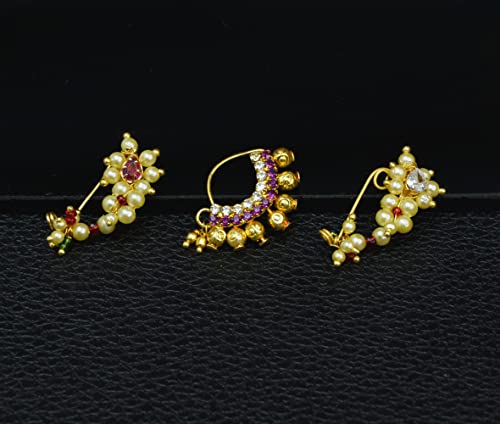Image of Medium Size Traditional Maharashtrian Banu Nath Nose ring without piercing Pearl Gold Plated Nath Combo Clip On Nose Ring For Women