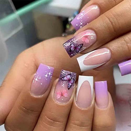 Foccna French Press on Nails Purple Fake Nails Sequins Glitter Acrylic Butterfly Artificail Long