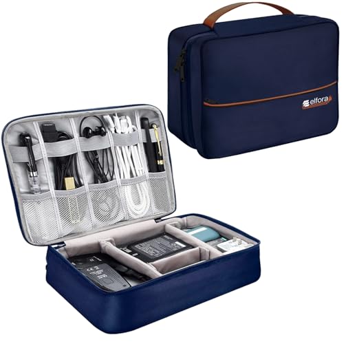 Image of Elfora Electronics Cable Organizer Bag | Portable Travel Accessory Case for Cables, Charger, Phone, Cords & Earphones | Single Compartment Storage Pouch with Mesh Pockets and Handle Carry Strap (Blue)