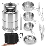 doorslay 11-teilig Camping Kochgeschirr Set Edelstahl 304 mit Holzofen Campingkocher Outdoor Kochsystem Topf Pfanne Set Leicht & Kompakt für Camping Wandern Backpacking (Großes Ofenset)
