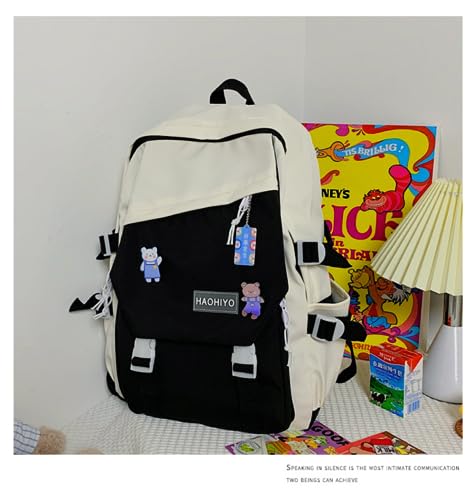 Kawaii Backpack Large Capacity Cute Women Backpack with Pins Waterproof Nylon Travel Bag Men Solid Color Backpack (Black)2