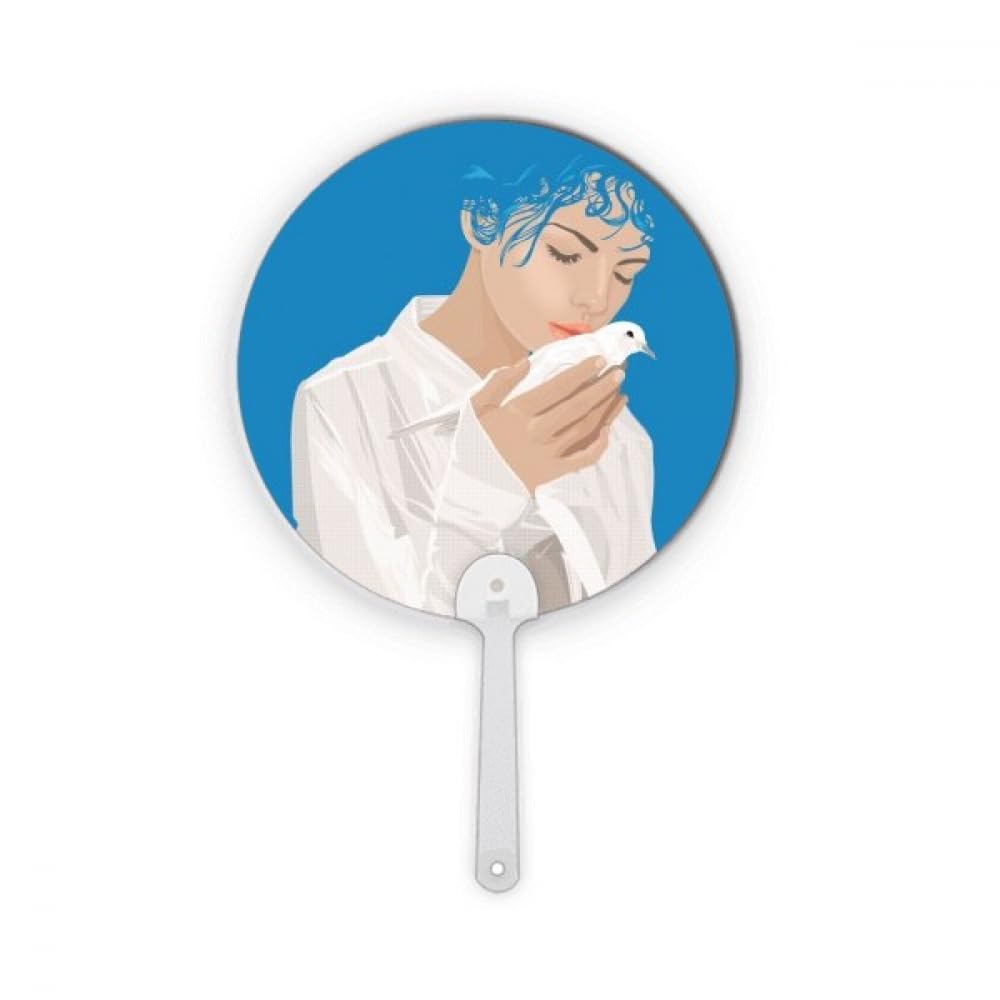 Éventail rond bleu en plastique rigide avec motif imprimé Peace Girl anti-guerre