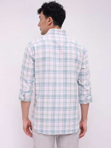 Image of Colorplus Men Regular Fit Checks Pattern Pure Cotton Plain Collar Full Sleeve Casual Shirt