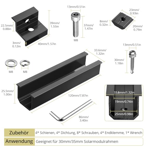 Anbte Solarmodul Halterung Kit, 4 Stück 120mm Kurzschiene Schwarz aus Aluminium inkl. 4pcs Endklemme für Modulhöhe 30MM/35MM, 4pcs Gummipads und Schrauben, Solarpanel Flachdach Befestigung Set