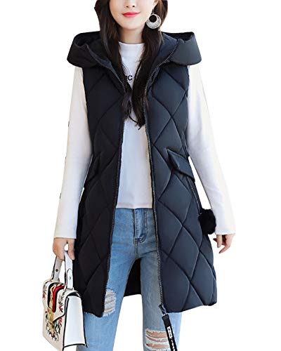 Mengmiao Damen Weste mit Kapuze Ärmellos Einfarbig Steppweste Verdicken Slim Fit Lang Mantel Schwarz M Cover