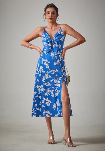 Image of Fashionme Women Spaghetti Strap Midi Satin Dresses Tie Front Backless Slit Cutout Dress Semi-Formal /Casual Flowy Lightweight