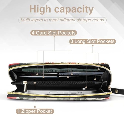 Travel Purse Fashion Design, Huge Storage Capacity Wallet With Rope, Cute Decor Purse, Long PU Zipper Wallet Floral Chic Flowers Roses Pedals Dots Leaves Buds Spring Season Theme4