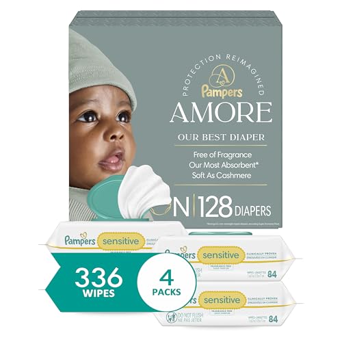 Image of Pampers Amore, Size 0 (up to 10 lbs), 128 Count + Pampers Baby Wipes, Sensitive, Water Based Wipe, Clinically Proven, Hypoallergenic, and Unscented for Babies, 336 Wipes Total (4 Flip-Top Packs)