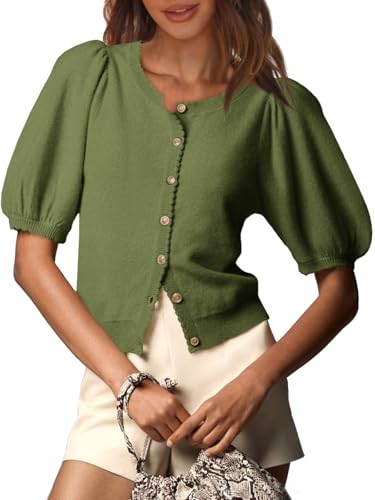 Image of Saodimallsu Womens Puff Short Sleeve Cardigan Lightweight Summer Button Down Shirts Knit Crew Neck Sweater Tops