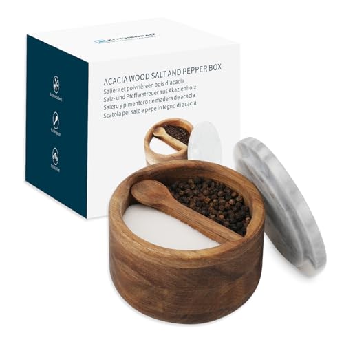 KITCHENDAO Acacia Wood Salt and Pepper Box Cellar Bowl with Grey Marble Lid and Built-in Spoon, Large Salt Container Cellar Storage Herb Sea Bath Salt Spice, Dual 5Oz Capacity