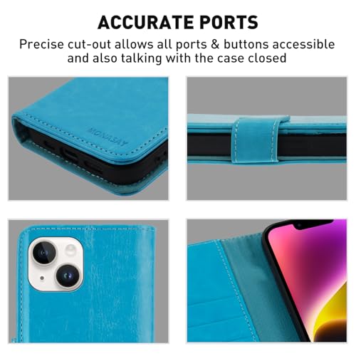 Image of MONASAY Vegan Leather Fit for iPhone-14 /13 5G Wallet Case, 6.1-inch, [Glass Screen Protector Included] [RFID Blocking] Flip Folio Phone Cover with Credit Card Holder,Light Blue
