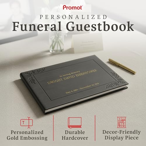 Image of Promot Funeral Guest Book for Memorial Service- Guest Book for Funeral Celebration of Life Decorations, in Loving Memory Guestbook Set with Wide-Ruled Pages, Custom Gold Foil Embossed Text (Gray)