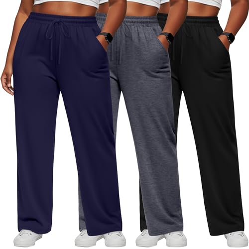 Neer 3 Pack Women's Plus Size Sweatpants Wide Leg High Waist Drawstring Yoga Lounge Joggers Open Bottom Pants with Pockets