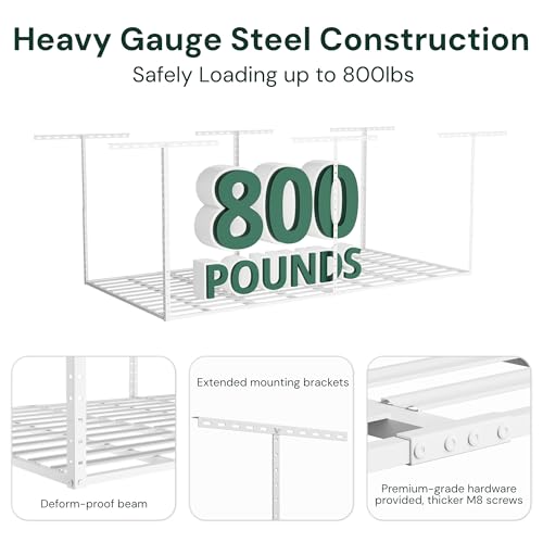 Image of SunsGrove 2x8 Garage Overhead Storage Rack, Adjustable Heavy Duty Hanging Garage Storage Shelves, Ceiling Mounted Storage Racks, 800LBS Weight Capacity, 22 inch-40 inch Ceiling Dropdown, 2 Packs, White