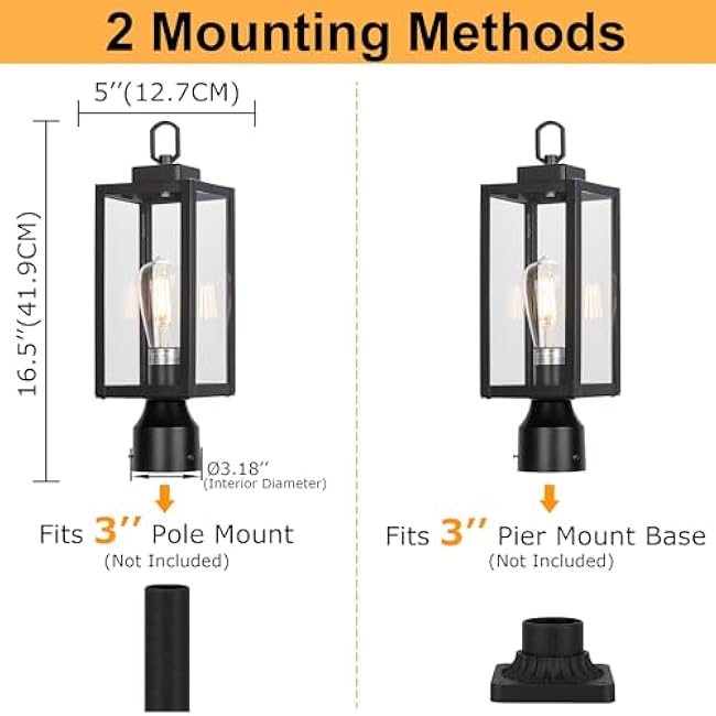 LIT-PaTH Outdoor Post Light, Pole Light with E26 Medium Base, Stainless Metal Housing Plus Glass, Outdoor Post Lighting Fixture for Garden Patio Porch, Matte Black Finish, Bulb Not Included, 1-Pack