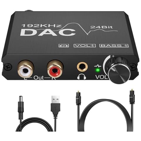 CAMWAY 192kHz Digital to Analog Audio Converter with Bass Adjustment DAC Converter Volume Control Toslink Coaxial Optical to RCA and 3.5mm Headphone Jack Anti-Interference Audio Adapter Cover