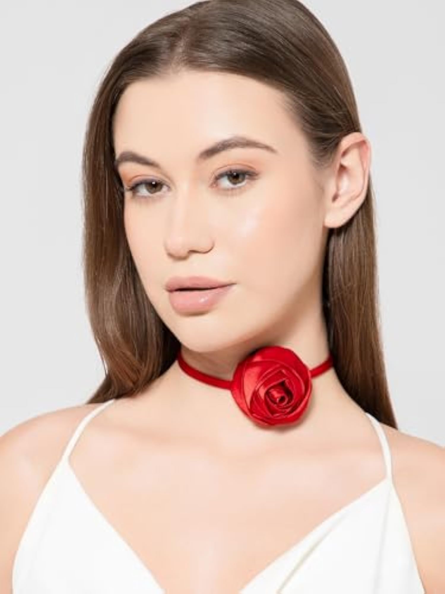 Women's Handcrafted Red Satin Flower Choker Necklace