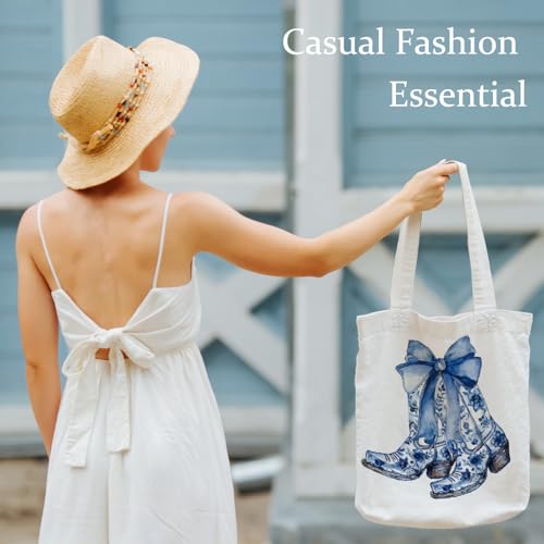 Chinoiserie Cowgirl Boots Tote Bag, Coquette Blue Bow Western Canvas Tote Bags for Women, Cowgirl Stuff Gifts, Grandmillennial Western Reusable Grocery Shopping Bags4