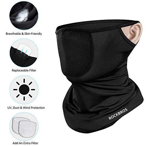 Face Bandana with Filter, Reusable Balaclava Headband for Men/Women/Kids Full Safety Protection Breathable Cotton Face Scarf Washable Cooling Ice Silk Fabric for Outdoor Cycling Motorcycle-Black