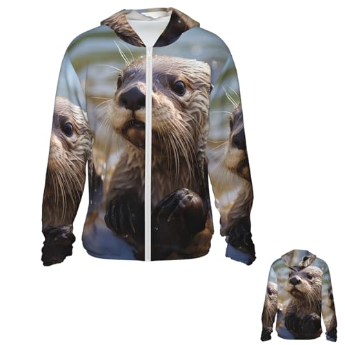 NONHAI Men's Sun Protection Jacket UPF 50+ Full Zipper Long Sleeve UV Hoodie Shirt Otter Playing in Women's Outdoor Jacket