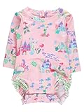 RuffleButts Baby Girls UPF 50+ Sun Protection Novelty Print Long Sleeve One Piece Rash Guard Swimsuit with Zipper - Atlantis Mermaids, 6-12m