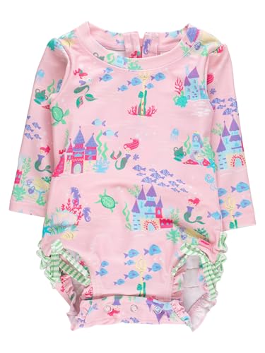 RuffleButts Baby Girls UPF 50+ Sun Protection Novelty Print Long Sleeve One Piece Rash Guard Swimsuit with Zipper - Atlantis Mermaids, 6-12m
