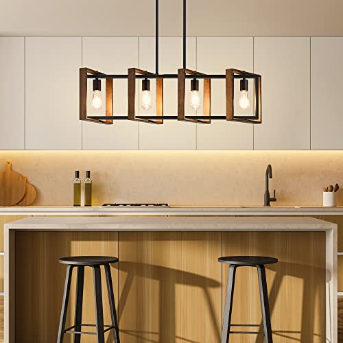 Edishine HHPL16A 35.4 Inch Dining Room Light Fixture, 4-Light Adjustable Kitchen Island Lighting, Rustic Wood And Black Mental Finish thumb #4