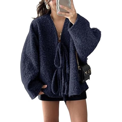 Lviefent Womens Faux Fur Jacket Tie Front Cardigan Trendy Oversized Long Sleeve Fuzzy Coat Outwear (Navy-S) Cover