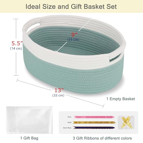 BOSROTY Small Woven Basket with Gift Bags and Ribbons, Empty Baby Gift Baskets for Kids Women Men, Shelf Storage, Small Cat Dog Pet Toy Boxes, 13”x 9”x 5.5”, Light Green - Thumbnail 2
