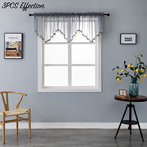 Pearage Beaded Sheer Valance Curtains For Living Room,Rod Pocket Farmhouse Window Valence, Bead Trim Tassel Voile Sheer Curtain Valance For Bedroom Bathroom Cafe 51X24 Inches (Grey) 1Pc #TOP6