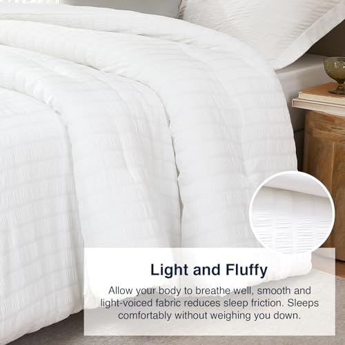 White Queen Comforter Set - 3 Pieces Seersucker Lightweight Bedding Comforter Sets (1 Soft Fluffy Comforter & 2 Pillowcases) - All Seasons Cozy Modern Bed Sets - Image 6