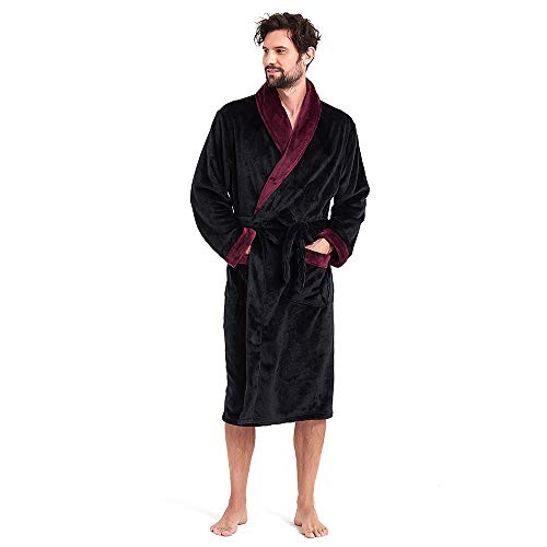 HOLOVE Mens Fleece Hooded Robe Plush Collar Shawl Bathrobe Soft Warm Long Sleeve3