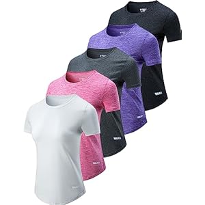 5 Pack: Womens Dry Fit Workout Shirts, Short Sleeve Athletic Gym Tshirts, Ladies Active Long Tees Bulk
