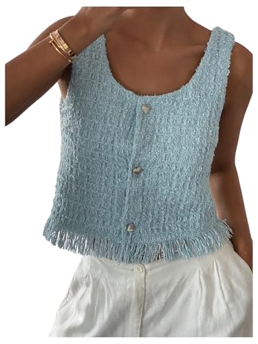 GORGLITTER Women's Tweed Button Up Crop Blazer Vest Sleeveless Fringe Business Casual Work Tank Jacket Tops 2025
