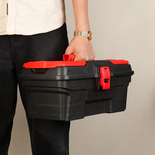 Image of Spartan SPTB-16 Inch Plastic Tool Box with Organizer Tray | Portable Storage Box for Tools, Screws, Nails & Hardware | Compact Toolbox with Locking Clip for Garage, Electrician & Mechanic Use