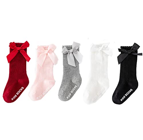 Sywwlov Baby Girls Non Slip Grip Knee High Socks Toddler Tube Bow Ruffled Long Stockings Cotton Socks