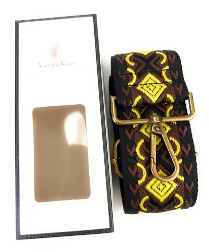 Image of Black Yellow Boho Diamond Purse Strap with Bronze Hardware 2 Inch Wide Replacement Crossbody Guitar Style Shoulder Strap for Handbags Totes