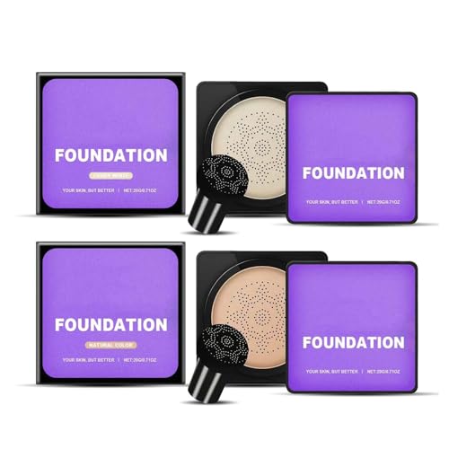 2 cojines de aire con cabeza de seta CC Cream, Mushroom Head Air Cushion Foundation, base de maquillaje, tono de piel uniforme para todos los tipos de piel (color natural, blanco marfil)