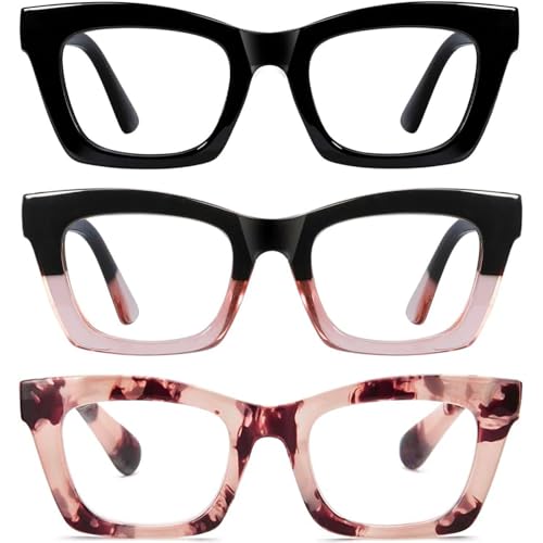 Hubeye Gafas de lectura para Mujeres de Moda Anteojos de lectura con Bisagra de resorte ultraligeras anti luz azul (Negro+Negro Rosa+Tortuga Rosa, 0.00)