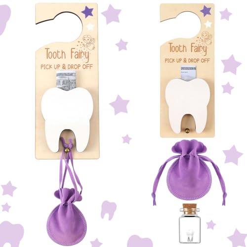 Image of DoubleFill Tooth Fairy Holder Bag Hanger with Money Slot Keepsake Bottle Velvet Pouch Tooth Fairy Box Encourage Gift for Lost Teeth Boy Girl Milk(Classic,Purple)