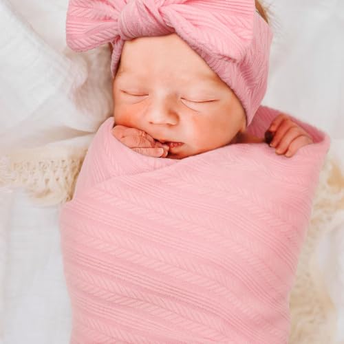 Image of DRESHOW BQUBO Newborn Receiving Blanket Toddler Warm for Girls with Bow Hat and Bow Headband Shower Gift