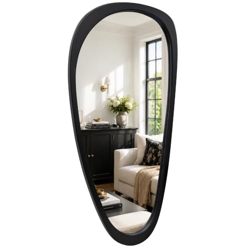 Image of Solid Wood 48x24 Matte Black Large Organic Irregular Wall Mirror | Large black statement adds modern contrast to bedroom walls, hallways, entryways, living rooms, dresser decor, black accents.