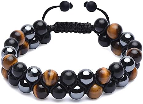 HASKARE Triple Protection Bracelet, Genuine Tigers Eye Black Obsidian and Hematite 8mm Beads Bracelet for Men Women, Crystal Jewelry Healing Bracelets Bring Luck and Prosperity and Happiness