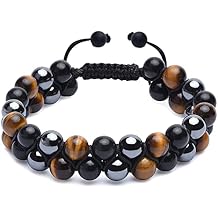 HASKARE Triple Protection Bracelet for Men - Genuine Tigers Eye Black Obsidian Hematite 8mm Natural Stone Beads Stretchy Healing Crystal Jewelry, Anxiety Relief Energy, Ideal for Dad Husband Christmas Birthday