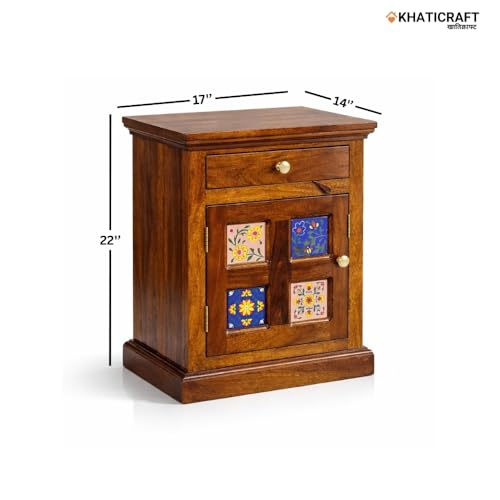 Image of Solid Sheesham Wood Chitra Bedside Table with Drawer and Door Storage for Bedroom | Wooden Nightstand Side Table for Living Room Home and Hotel | Honey Finish