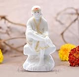S patnaik Sai Baba Statue Marble Dust Murti for Home Pooja & Car Dashboard | Sai Baba Idol Handmade Finishing Sitting on Stone (4 Inch)